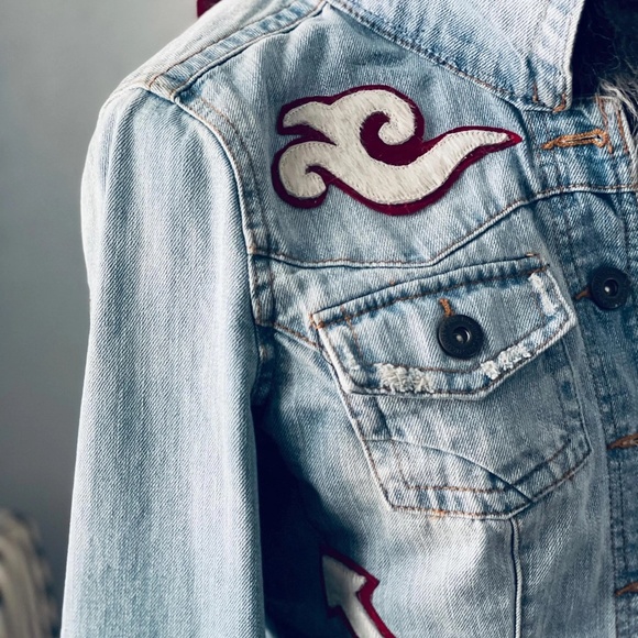 Chic Upcycled Denim Jacket with Mongolian Lamb Fur Collar and Cuffs with Cowhide - Picture 14 of 14